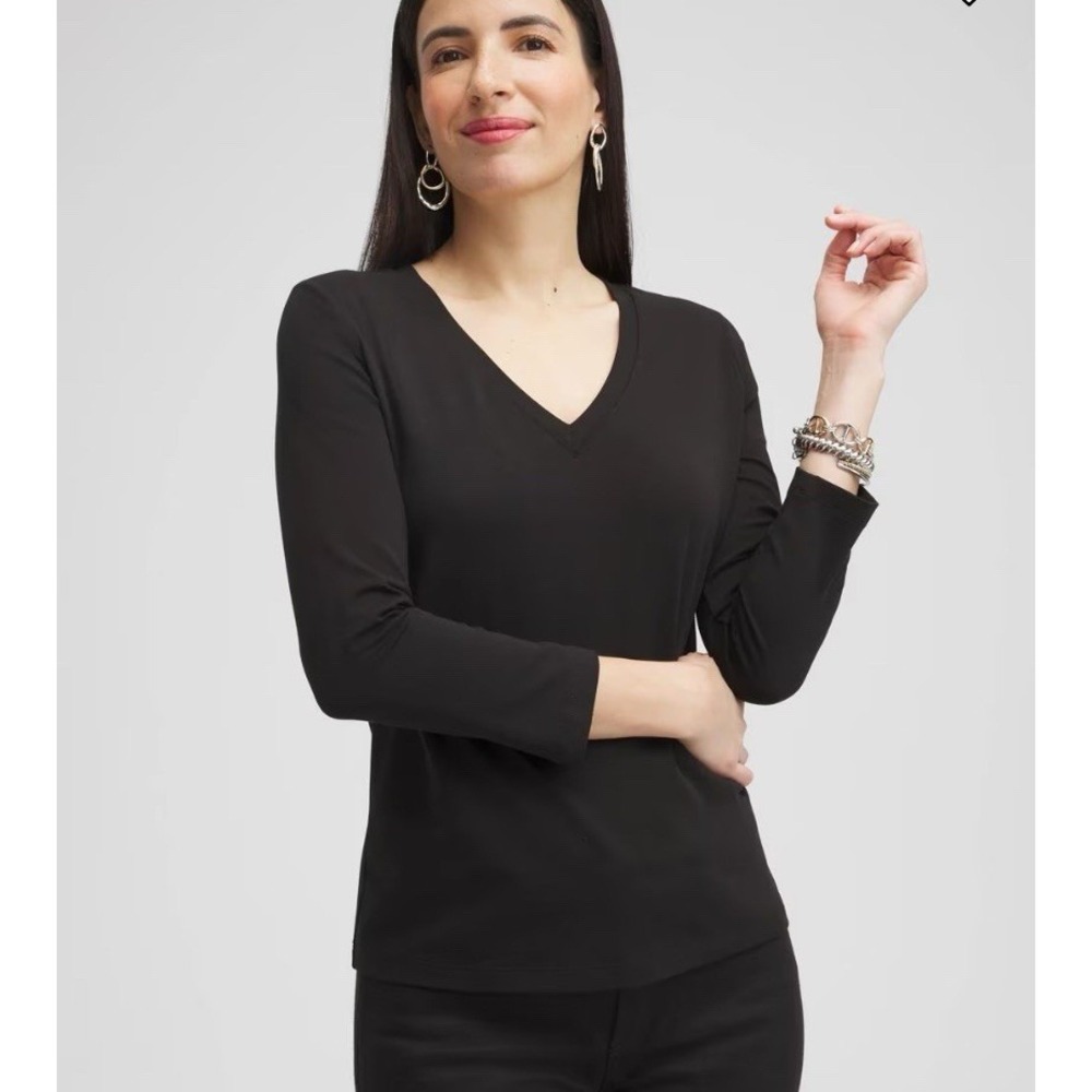 Chicos The Ultimate Tee Womens Black 3/4 Sleeve V-Neck Top Size 1 Medium